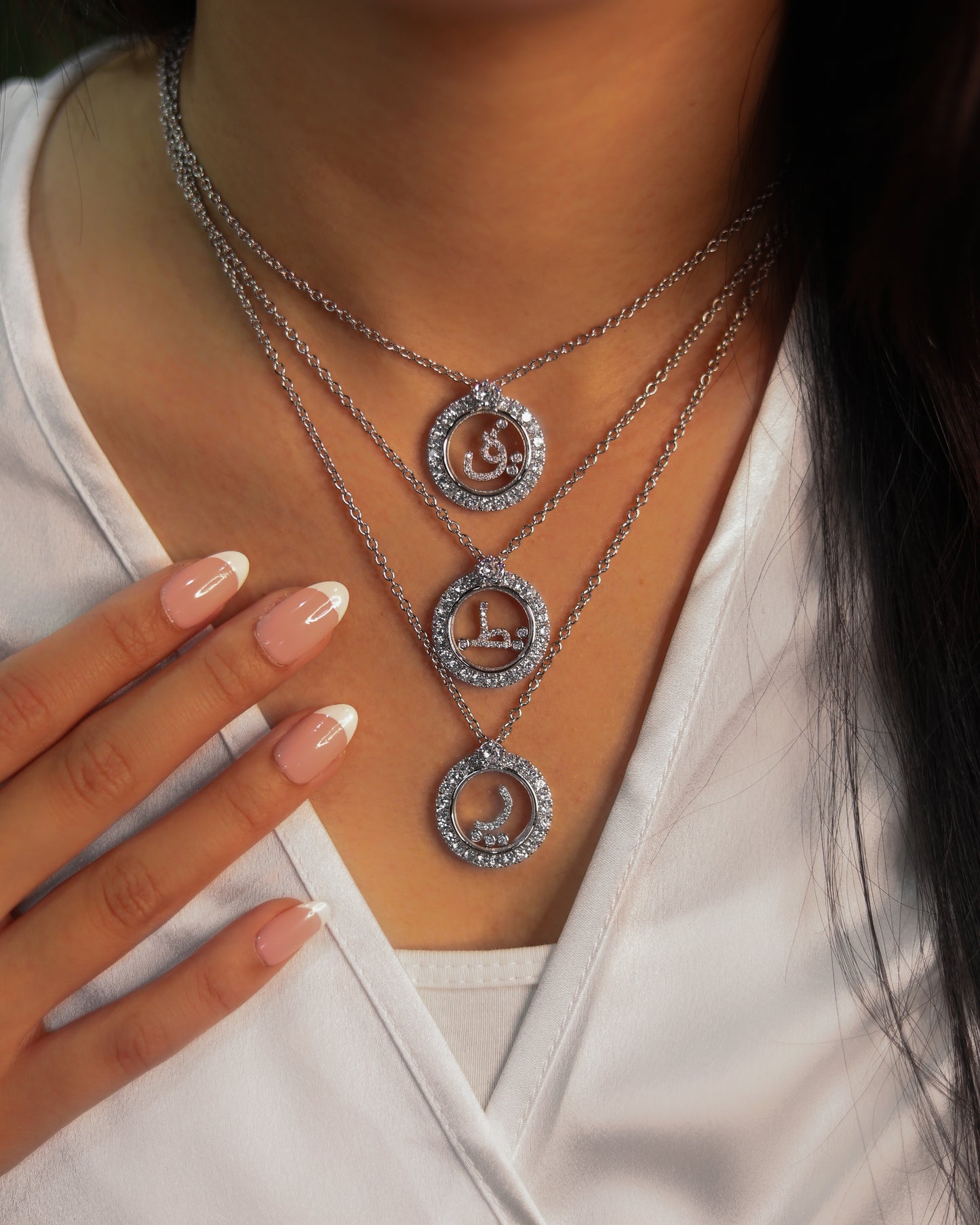 Arabic Letter Sterling Silver Necklace with 3 moving Zirconia Stones🤍🤍🤍